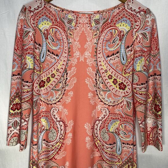 LONDON TIMES Dress Shift Boat Neck 3/4 Sleeve Paisley Print Midi Artsy Womens 4 - Picture 2 of 8